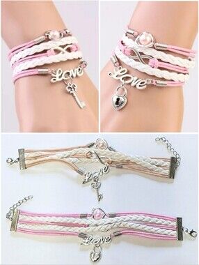 Friendship Bracelet Set of 2 Pc Love Key Lock Infinity Pearl Pink Rope Bracelet